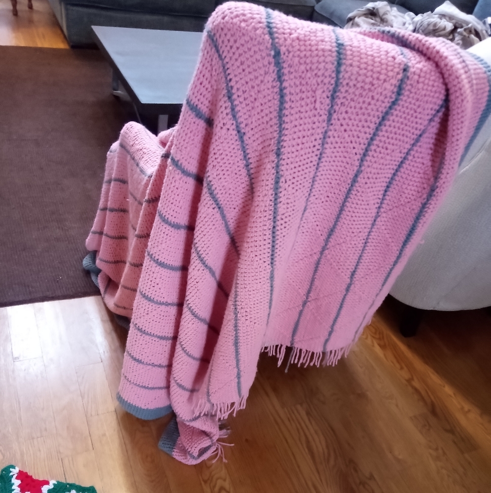 Handmade Crochet Blanket Throw pink and grey 61 inches x 78 inches